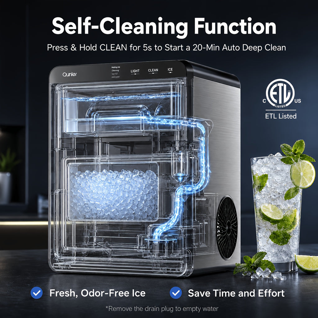 Chewable Pellet Ice Maker by Qunler, Self-Cleaning Countertop Nugget Ice Machine with 35LBS, 44LBS or 35LBS Mini Options for Coffee and Home Bar Drinks