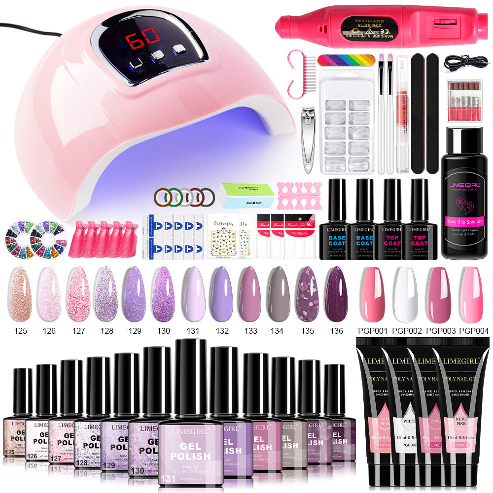 Gel Manicure Kit with 12 Listed Polish Colors and 4 Extension Gel Colors, Nail Lamp and Electric Drill References, Five Set Options for Adult Nail Art