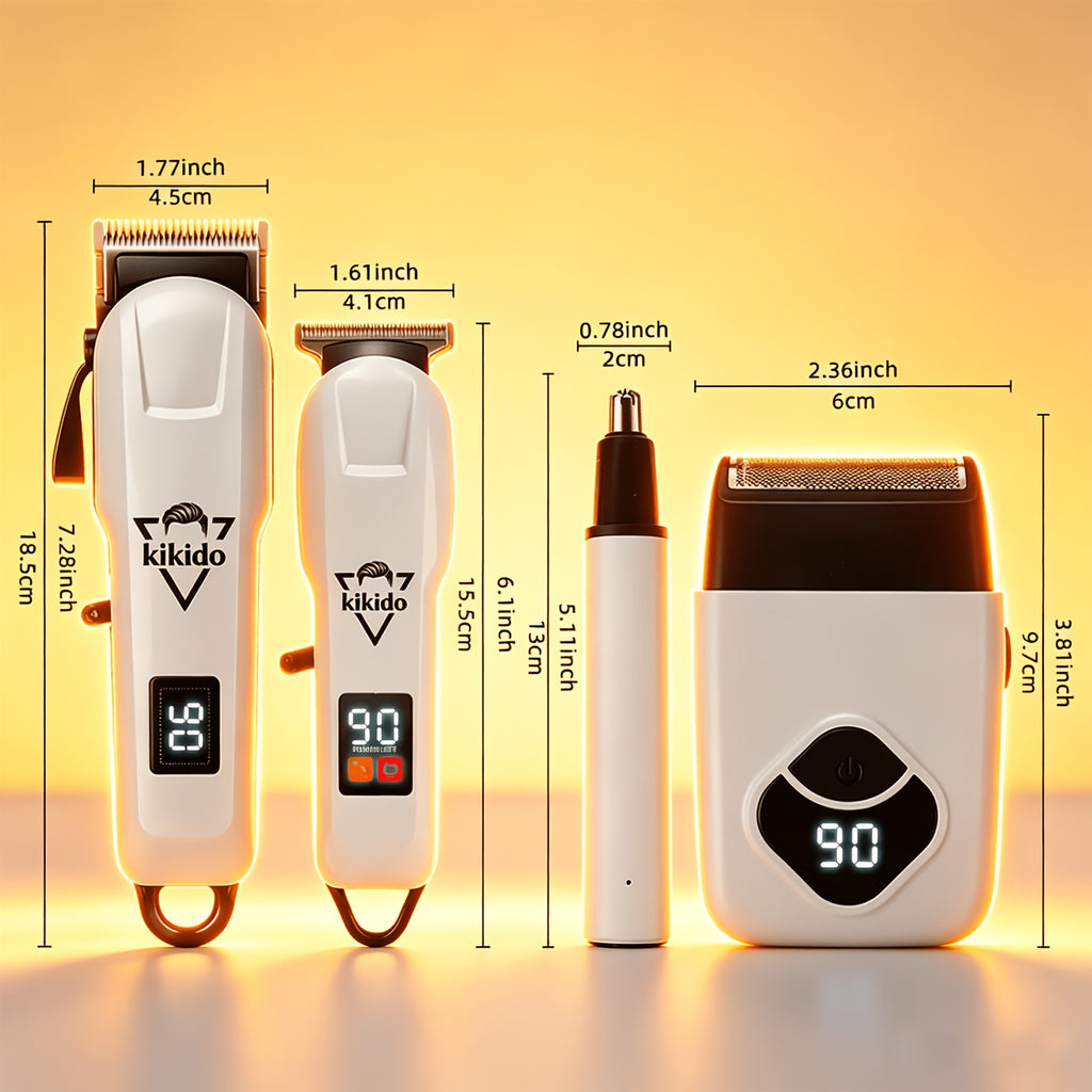 M4 Pro and M2 Pro Grooming Kit Options with Listed Electric Clipper, T-Trimmer and Shaver Wording, Black Golden or Polar White Labels for Men's Hair Care