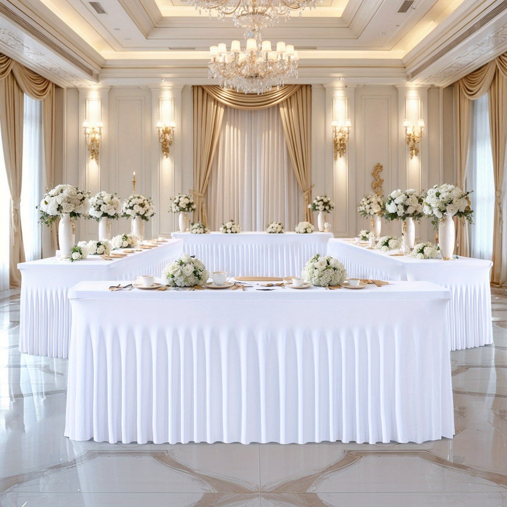 Ruffled Tablecloth for 4-Foot Rectangular Tables, One-Piece Polyester Spandex Table Cover with Integrated Skirt for Wedding Buffets, Dessert Displays and Parties