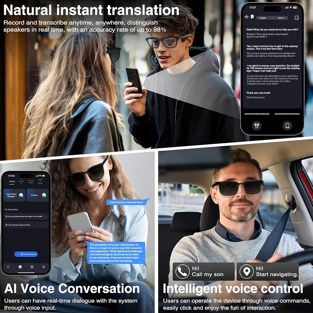 AI Camera Glasses in Black with Photochromic Lens Option, Listed 8MP Camera, 320mAh Battery, Touch-Control Audio, Calls and Translation for Travel and Work