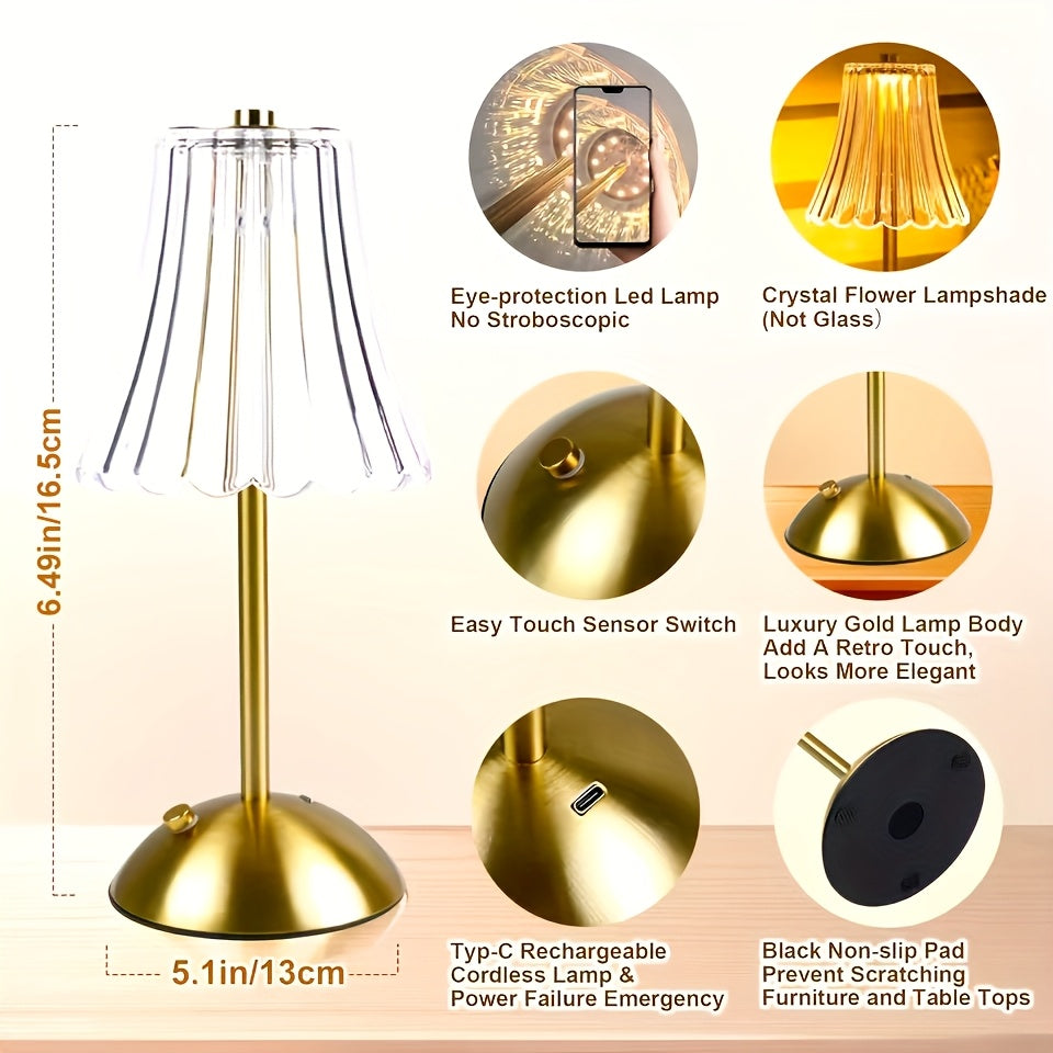 Touch Control Crystal Table Lamp with Three Light Tones, Dimmable LED Lighting, Wrought Iron Base and USB Rechargeable Battery, Single or Two-Lamp Options