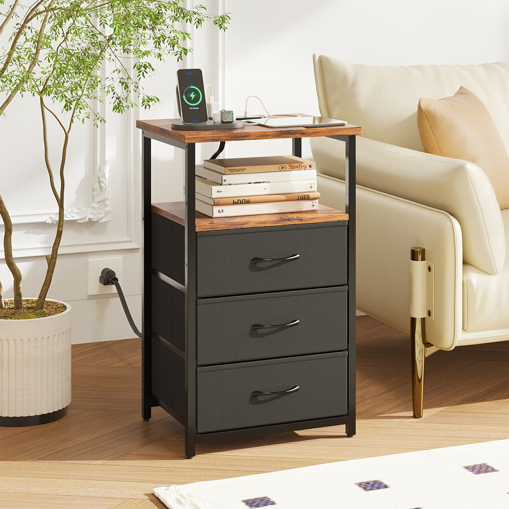 Three-Drawer Fabric Nightstand by WHONLINE with Metal Frame, Open Wood Shelves and Adjustable Feet, Single or Two-Piece Options for Bedroom and Dorm Storage