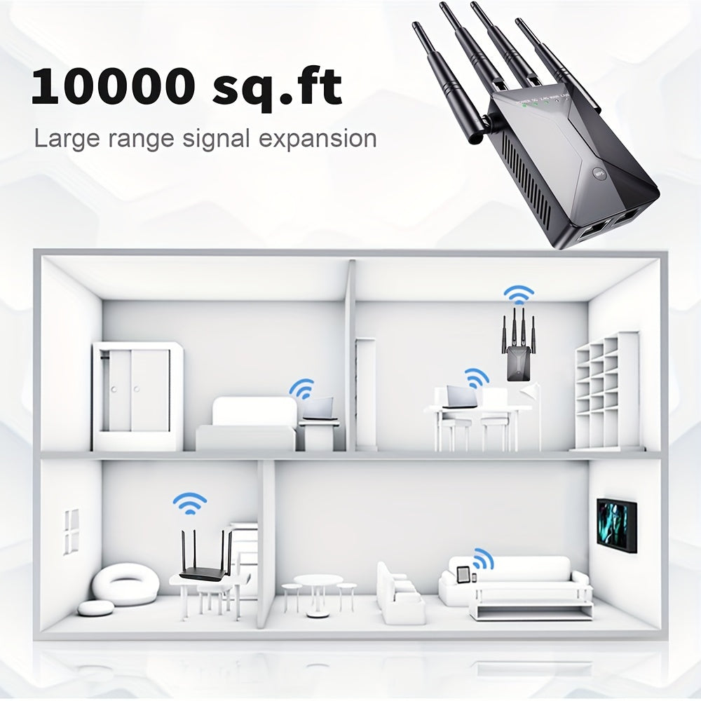 Black Dual-Band WiFi Extender with Ethernet Port, 2.4GHz and 5GHz Wireless Signal Booster and Repeater for Compatible Home Internet Networks