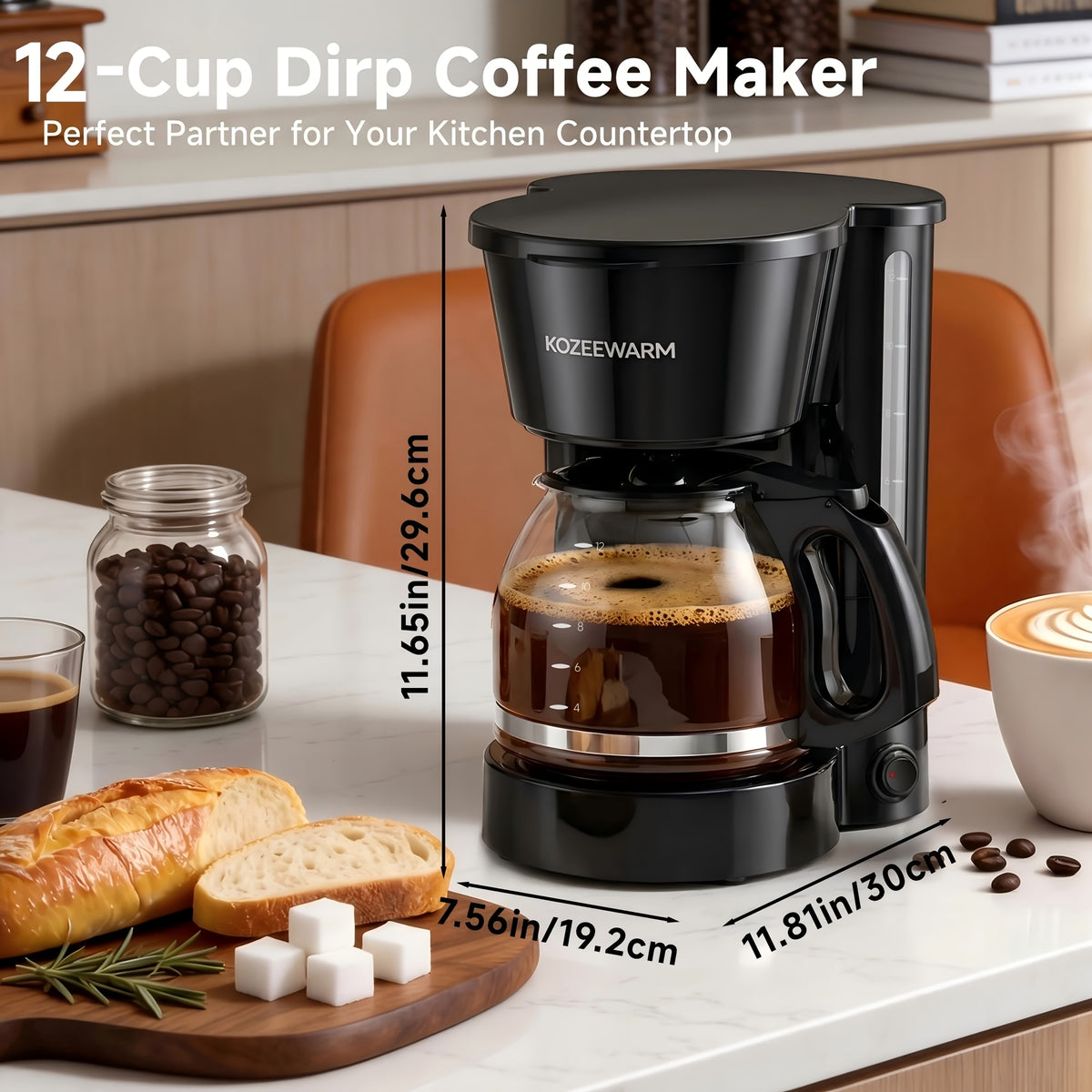 Drip Coffee Maker 12-Cup, One-Touch Coffee Machine with Reusable Filter, No-Disassembly Easy Clean, Brew for Home, Office, Kitchen, All-Day Coffee, Black
