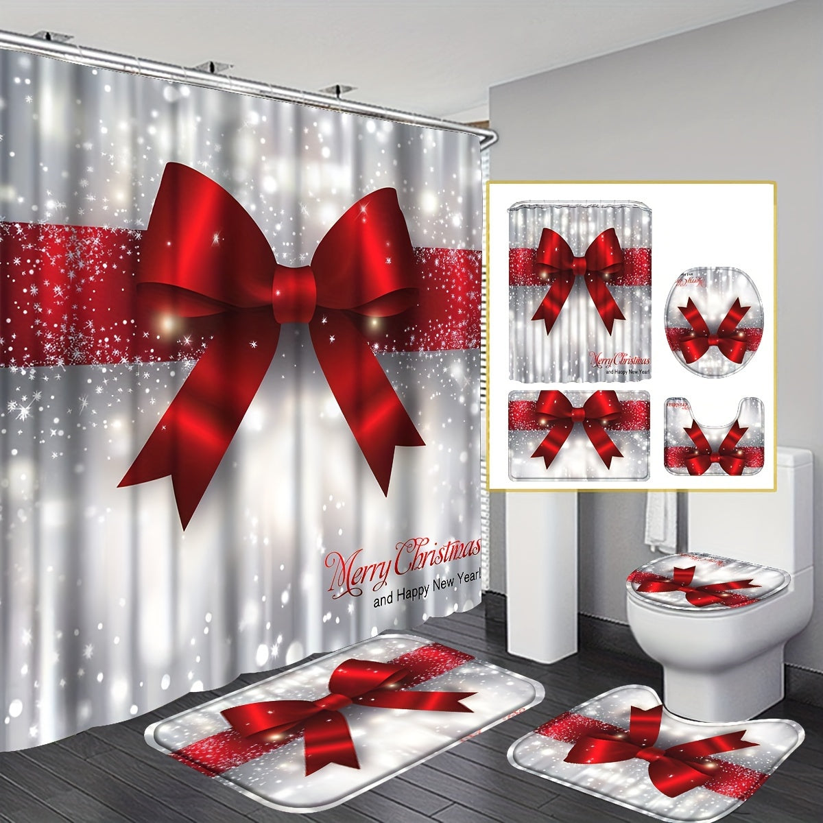 Christmas Shower Curtain Set with 12 Hooks, Four-Piece Merry Christmas Bathroom Decor with Polyester Curtain, Bath Mat, U-Shaped Mat and Toilet Lid Cover