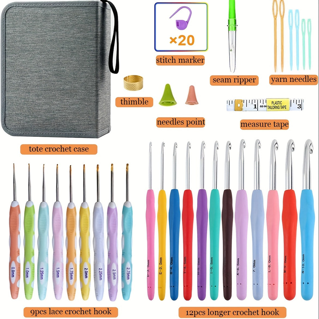 Crochet Hook Set with 21 Listed Sizes from 0.8mm to 10mm, Mixed-Color Single-Pointed Hooks and Protective Case in Grey or Lake Blue Options for Yarn Crafts