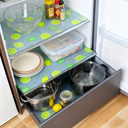 Lemon Pattern Refrigerator Liners in EVA, Four-Piece Washable Reusable Shelf Mat Set for Compatible Kitchen Drawers, Cabinets and Fridge Organization