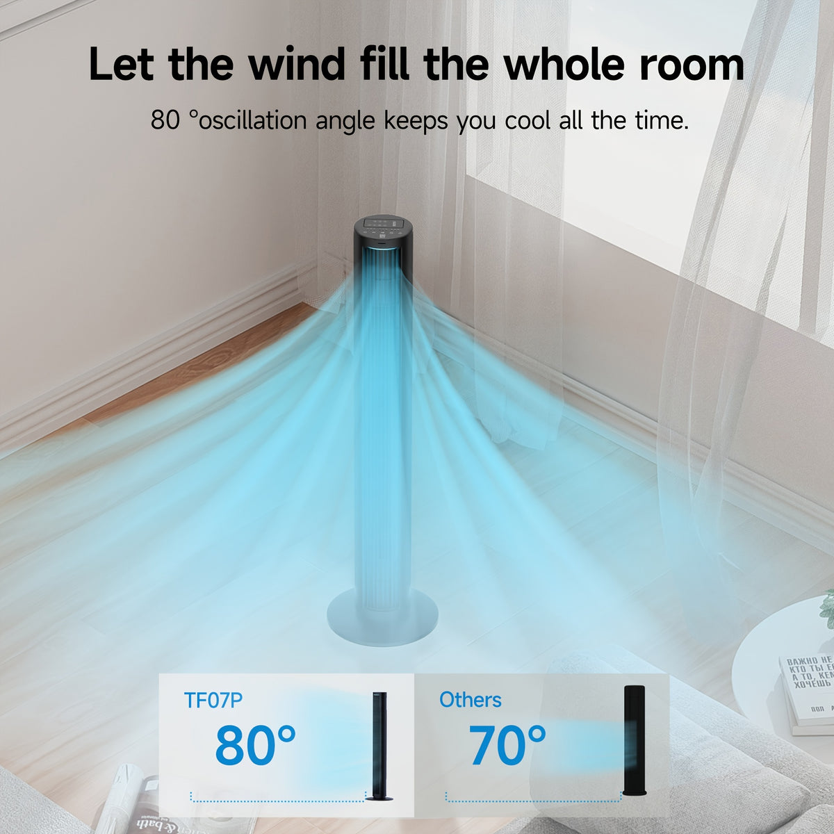 Oscillating Tower Fan in Black with 40-Inch Option Label, Listed Remote Control, Four Speeds, Timer and LED Display for Home Office and Living Room Airflow
