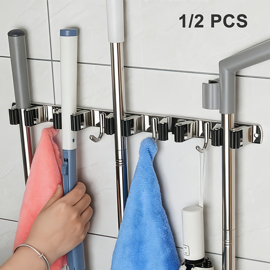 Stainless Steel Mop and Broom Holder with Self-Adhesive Wall-Mount Design, Three-Rack Two-Hook or Five-Rack Four-Hook Styles in One or Two Pack Options for Utility Storage