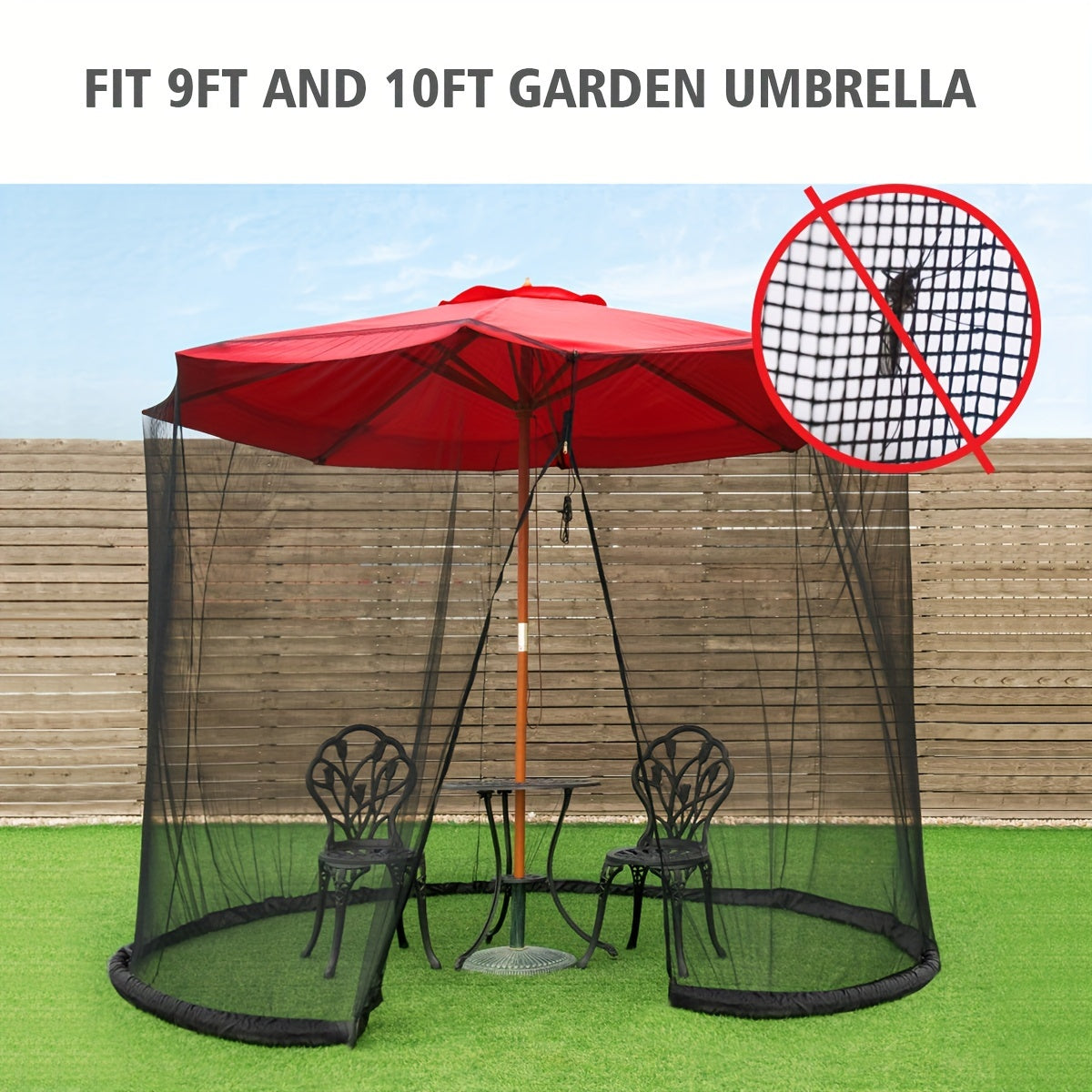 Patio Umbrella Mosquito Netting in Black for Listed 9–10-Foot Canopies, Adjustable Drawstring Screen with Zippered Entrance and Water-Fill Base Tubes