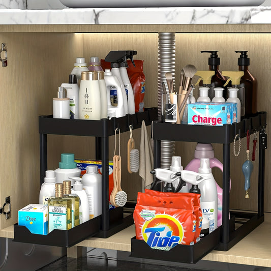 Hook and Bucket Under Sink Organizer, Two-Tier Sliding Cabinet Storage Rack with Listed Five Hooks and One Bucket, Single or Double Options for Kitchen and Bathroom