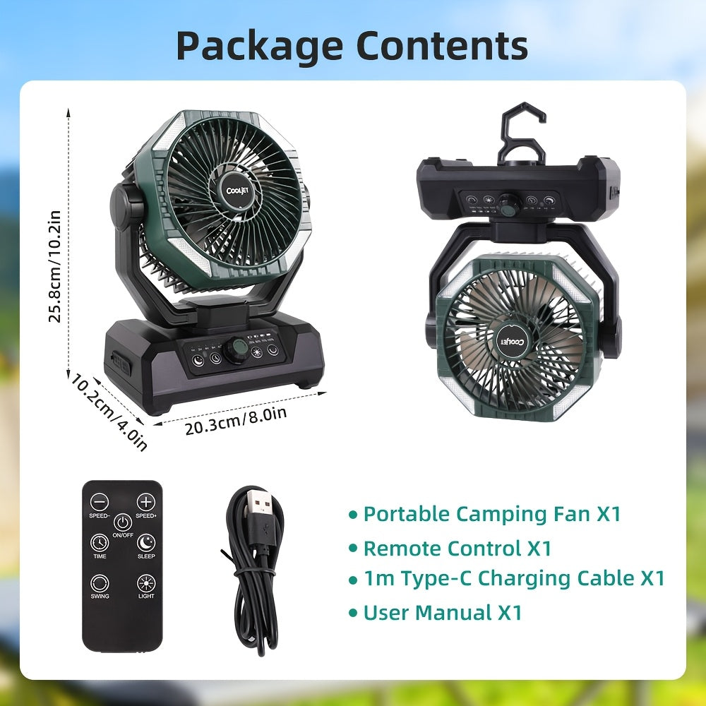 CoolJet Portable Camping Fan with Listed 20000mAh Battery, Variable Speed and 18-LED Light with Three Dimming Levels, Fern Green or Orange Airflow Options