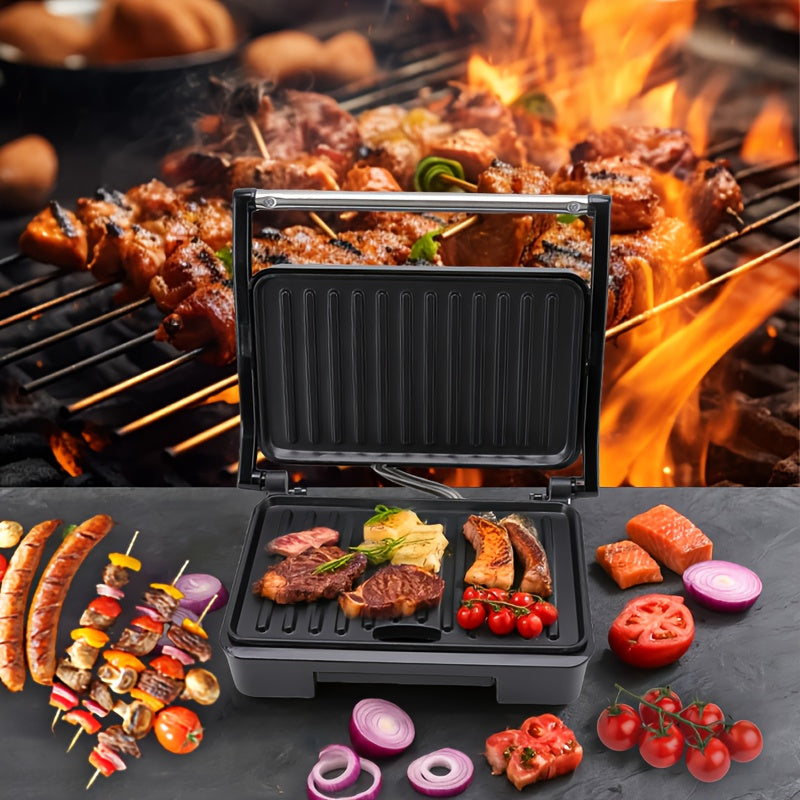 Double-Sided Electric Grill with Black Square Design and Listed Upper and Lower Heating, Panini and Sandwich Cooking Wording for Everyday Home Kitchen Meal Preparation