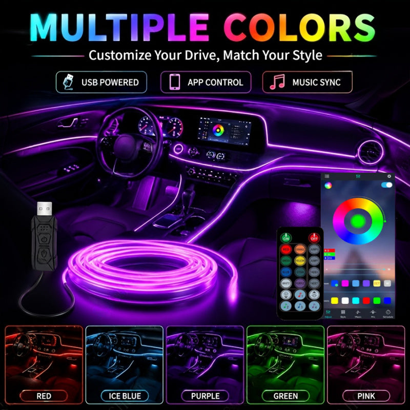 Fiber-Optic Car Ambient Light Strips with RGB LED Color and Listed 5V USB Power, Music-Synchronized 1A1 Interior Decoration for Compatible Dashboard and Console Areas