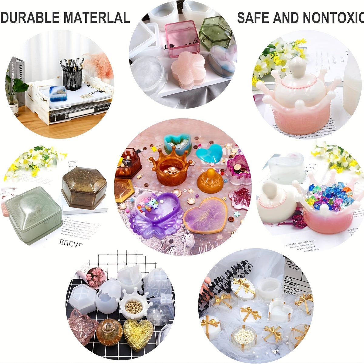 Silicone Resin Mold Kit with Mica Powder, 43-Piece Crown and Heart Shape Casting Set for DIY Jewelry Storage Boxes and Trinket Containers