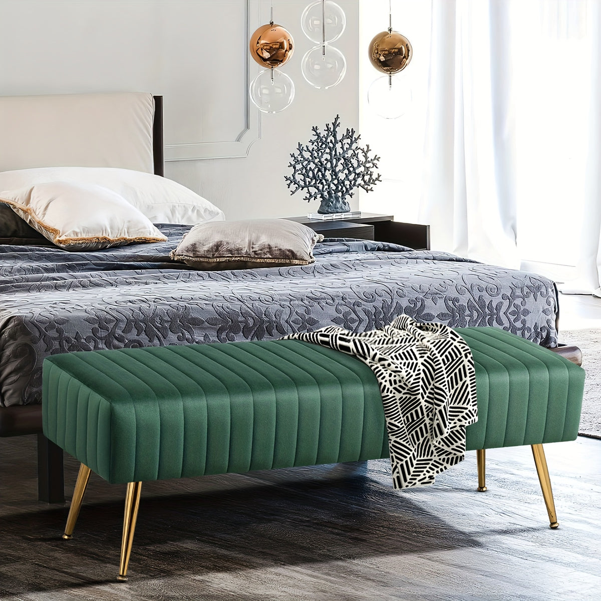 Velvet Entryway Bench with Gold-Plated Legs, 44-Inch Accent Seating for Shoe Changes, Bedroom End-of-Bed Styling and Living Room Footrest Use