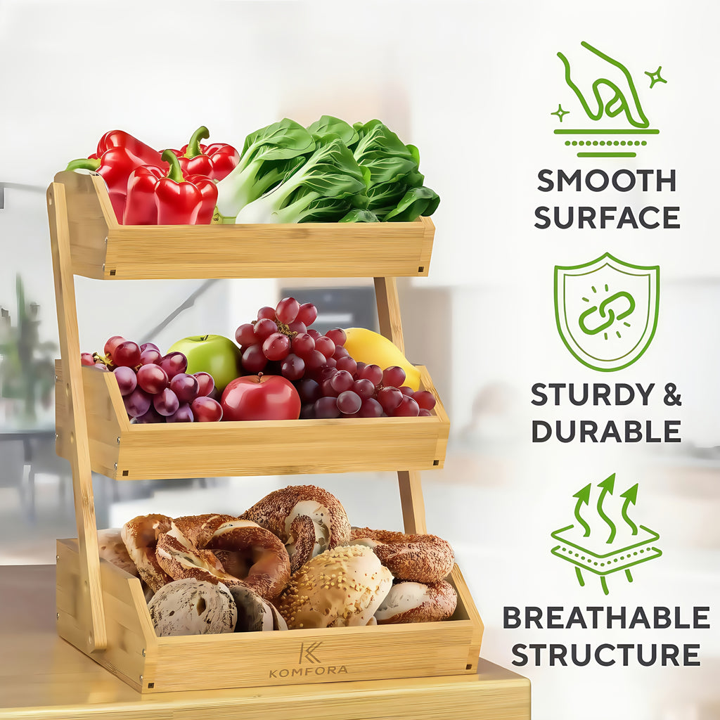 Wooden Fruit Basket Stand for Kitchen Countertops, Two or Three Tier Open Slat Produce Organizer with Natural Wood Finish and Detachable Hooks for Fruit, Bread and Packaged Snacks
