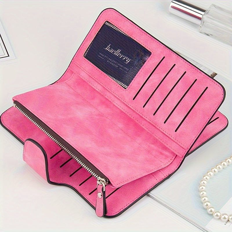 Women's Long Trifold Wallet in Synthetic Leather with 14 Listed Card Slots, Two Photo Slots, Snap Closure and Interior Zipper Pocket in Six Solid Colors