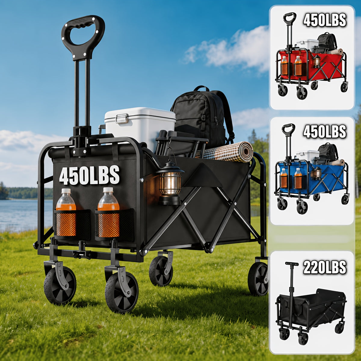 Collapsible Utility Wagon with Cup Holders and Swivel Wheels, S to XL Folding Cart Options for Groceries, Garden Supplies, Camping Gear and Beach Trips