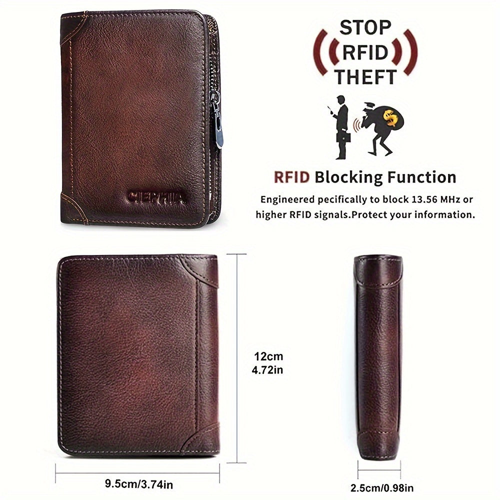 Trifold Leather Wallet for Men with Eight Card Slots, Two ID Windows, Coin Pocket and Two Banknote Sections, Yellow Brown, Black or Coffee Color for Daily Carry