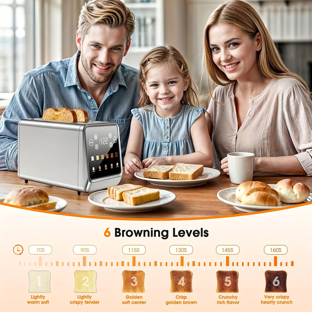 Digital Touchscreen Toaster, 2-Slice 900W Stainless Steel Model with 1.5-Inch Wide Slots, Memory Function, 5 Bread Types and 6 Shade Settings