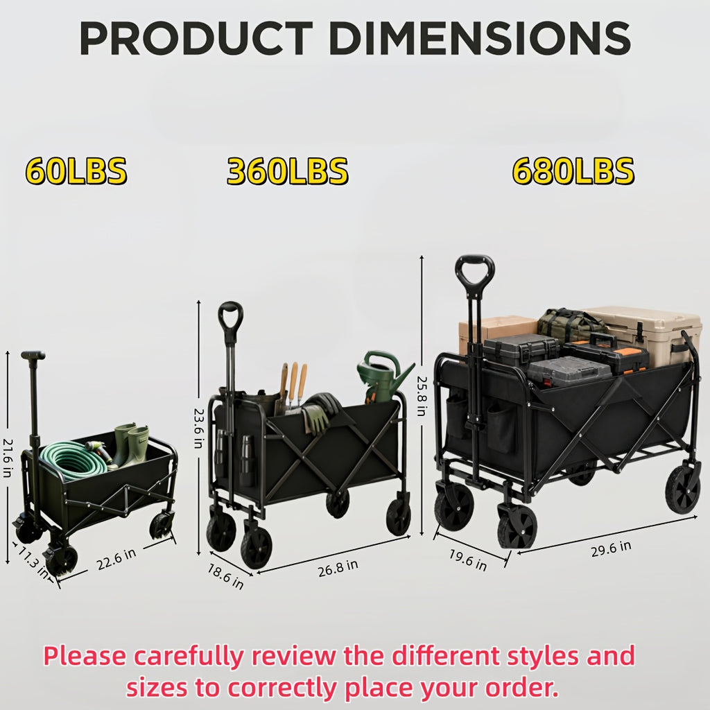 Camping Supply Folding Wagon Cart with Listed Five-Inch Tires, Collapsible Utility Carrier in Four Load-Labeled Options for Garden Gear, Beach Trips and Moving