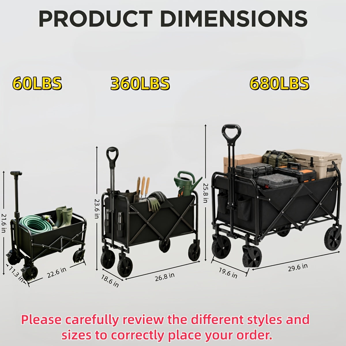 Camping Supply Folding Wagon Cart with Listed Five-Inch Tires, Collapsible Utility Carrier in Four Load-Labeled Options for Garden Gear, Beach Trips and Moving