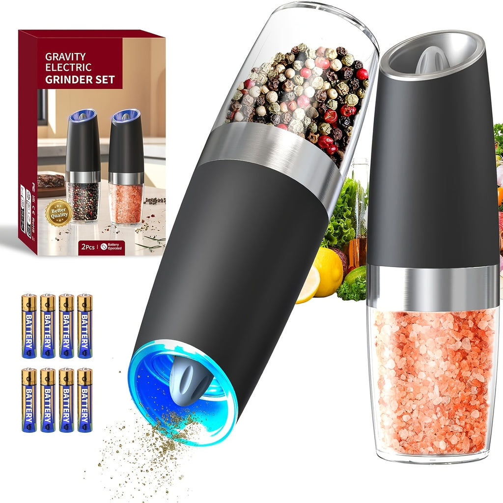 Electric Salt and Pepper Mill with Adjustable Coarseness and LED Light for Kitchen Seasoning, Single or Two-Piece Selections with Gravity-Sensing and USB Option Labels