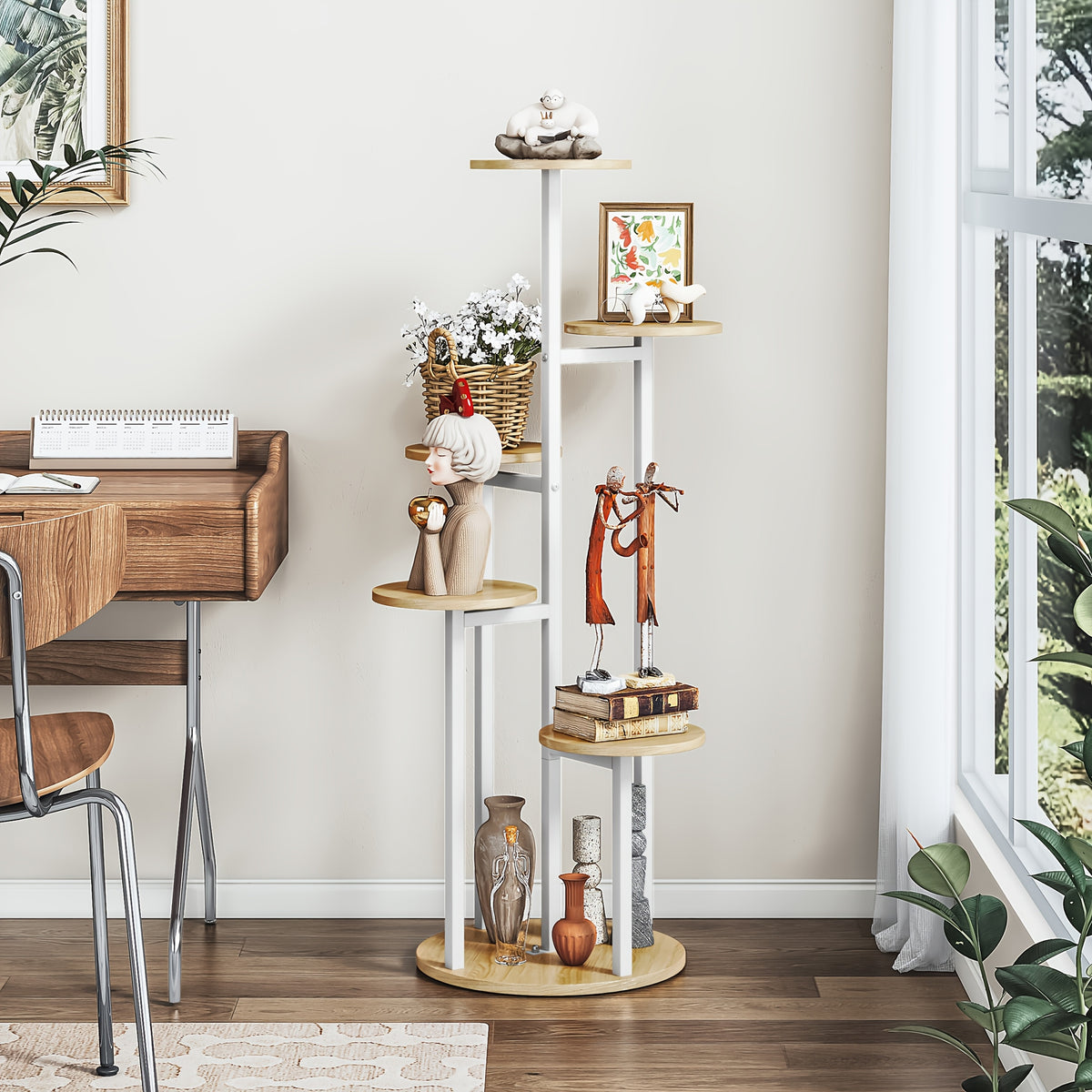 Six-Tier Metal Plant Stand by SUOERNUO with Listed Nine-Pot Display Layout, EVA Base Pads and Black or White Options for Indoor Corner Decor