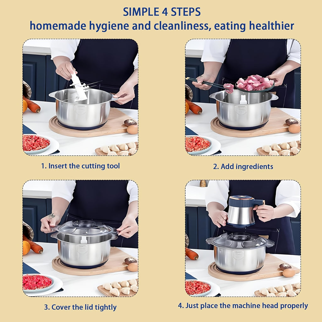 3L Electric Food Chopper with Stainless Steel Body, Five-Key Controls and Four-Blade Cutter for Meat, Garlic, Vegetables and Everyday Kitchen Prep