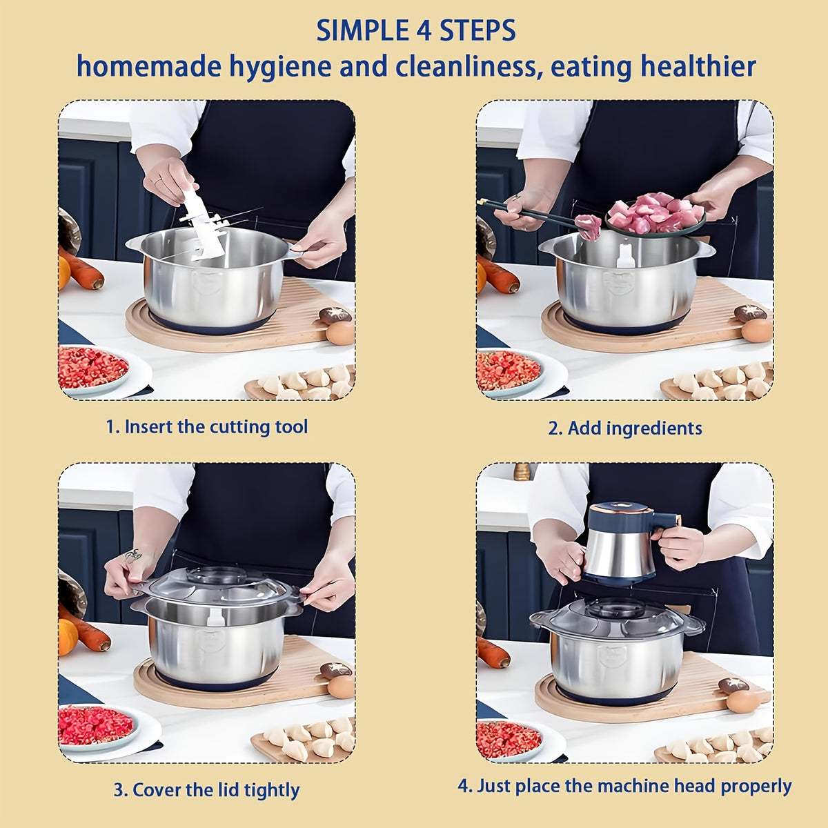3L Electric Food Chopper with Stainless Steel Body, Five-Key Controls and Four-Blade Cutter for Meat, Garlic, Vegetables and Everyday Kitchen Prep
