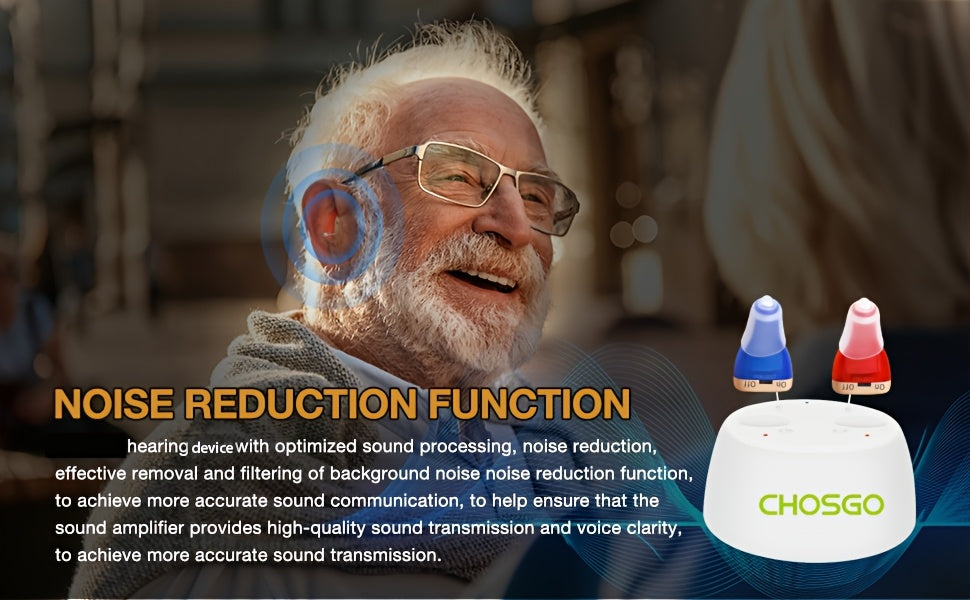 In-Ear Rechargeable Hearing Amplifier Pair with Listed Charging Case, K19RC and K19S Model Labels in Beige, RedBlue or Black for Adult Device Comparison
