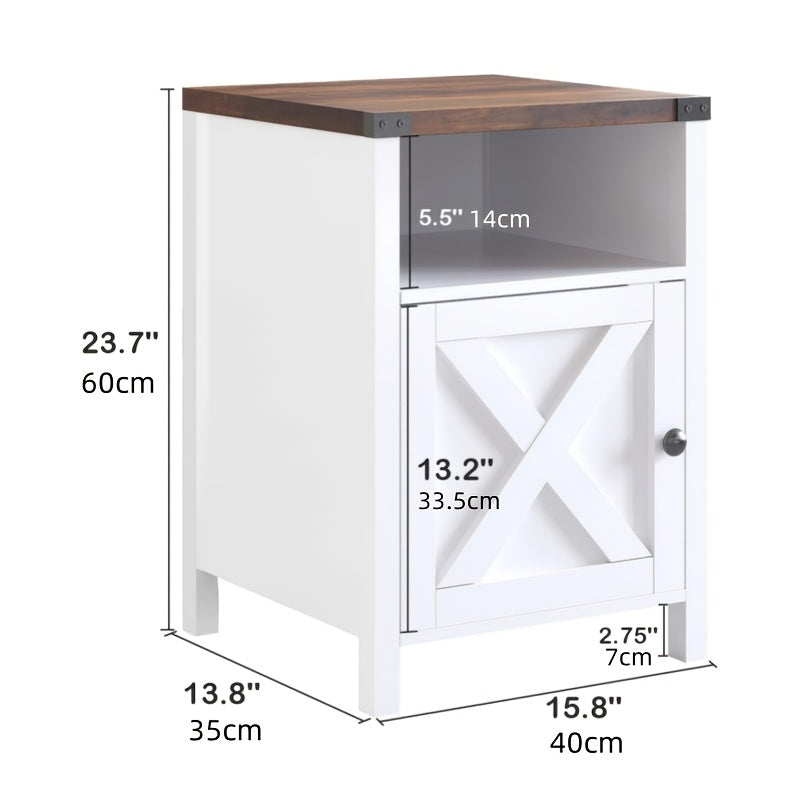 Farmhouse Nightstand by OAKSTEAD with Barn Door and Shelf, Five Colors and Single or Two-Table Packs for Bedside Essentials, Living Room and Entryway Storage