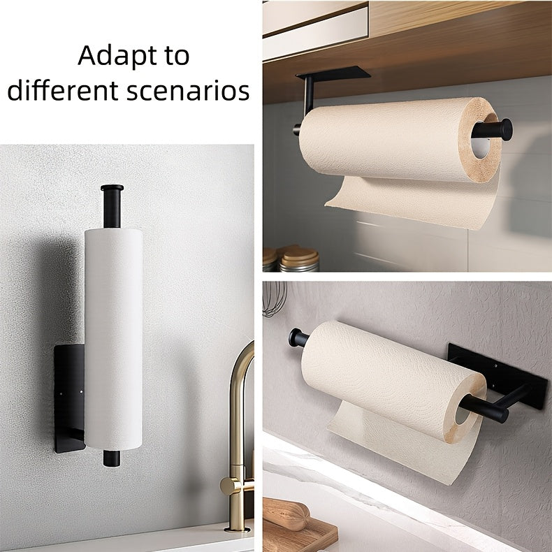 Self-Adhesive Paper Towel Holder in Stainless Steel, Single No-Drill Wall-Mounted Roll Organizer in Silvery or Black for Kitchen and Bathroom Storage
