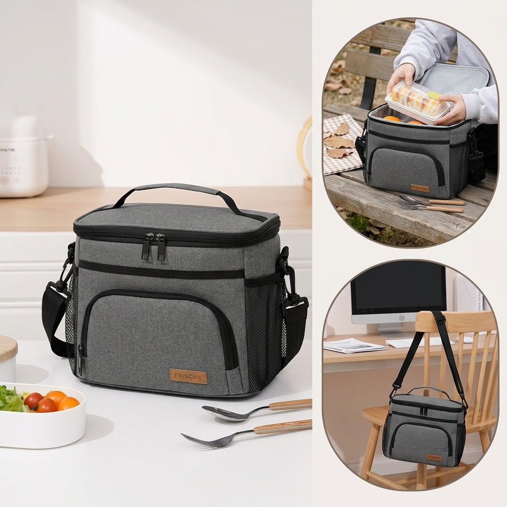 Insulated Lunch Bag with Adjustable Shoulder Strap and Carry Handle for Everyday Meal Transport, Reusable Work Lunch and Picnic Carrier in Three Color Options