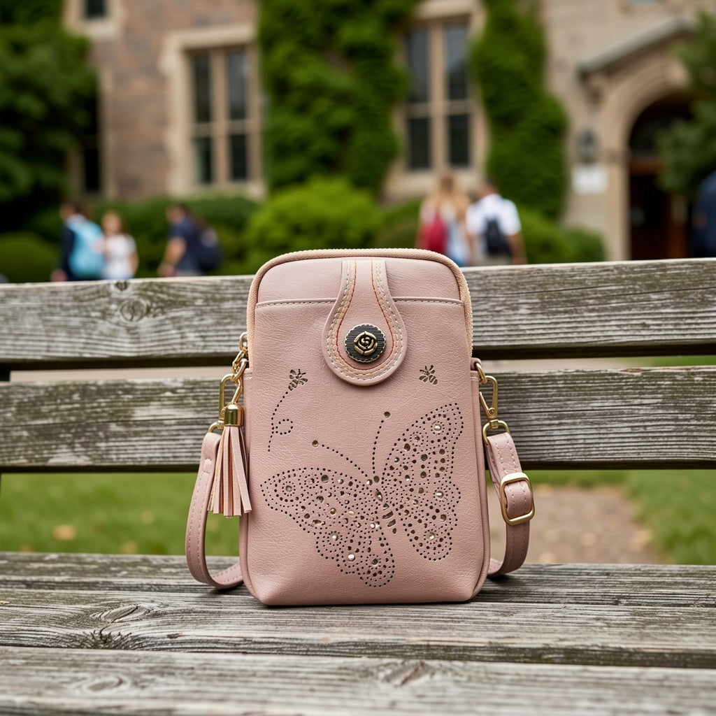Butterfly Crossbody Phone Purse for Women with Shiny Pattern, Tassel, Adjustable Shoulder Strap and Zipper Closure in Five Colors for Everyday Outings