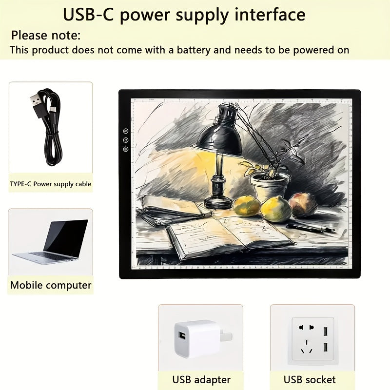 A3 Diamond Painting LED Light Box with Listed Three Color Modes and Eight Dimming Levels, USB Power, Plastic Stand and Four Swan Neck Clip Option Labels