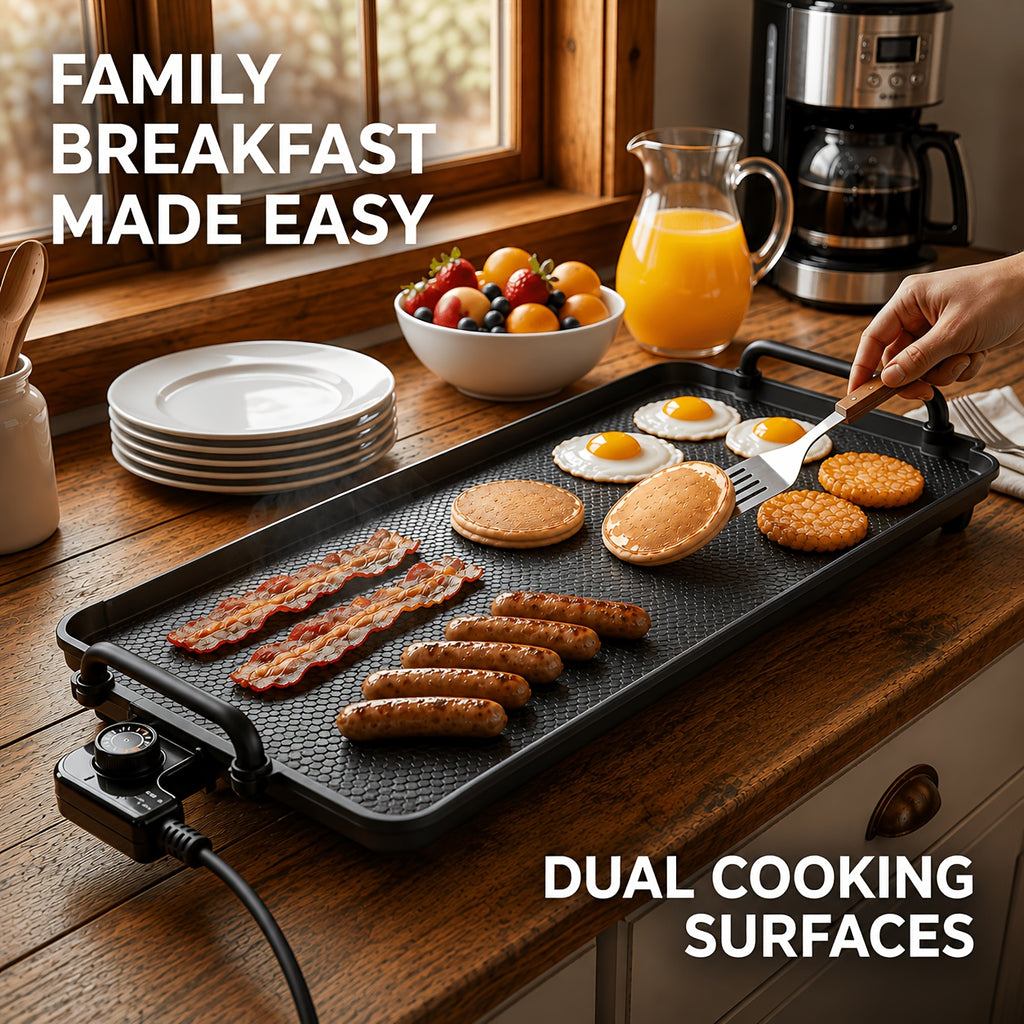Nonstick Electric Griddle for Home Breakfast Preparation, Listed Black Cooking Appliance with 15.35 x 8.66 or 22.83 x 10.24 Inch Model Options for Everyday Meals