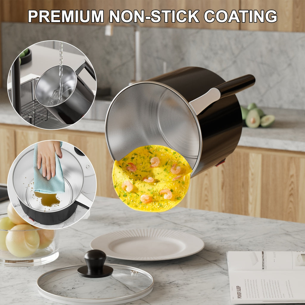 Black Electric Hot Pot with Listed 1.5L Capacity Option and Nonstick Saucepan Design for Noodles, Pasta, Eggs and Steak Preparation in Home Kitchens
