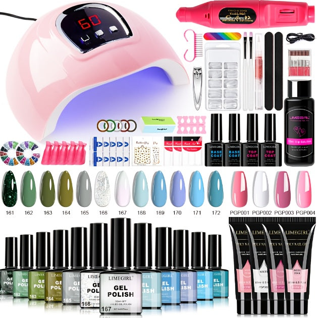 Gel Manicure Kit with 12 Listed Polish Colors and 4 Extension Gel Colors, Nail Lamp and Electric Drill References, Five Set Options for Adult Nail Art