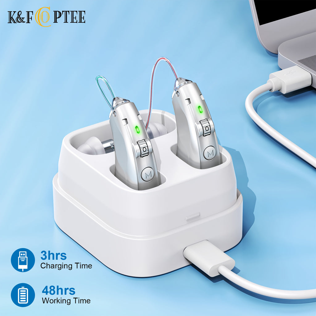 Silver Rechargeable Hearing Aids, Listed One-Pair Behind-the-Ear Devices with Volume Adjustment, Frequency Controls and USB Charging Case for Adult Listening Needs