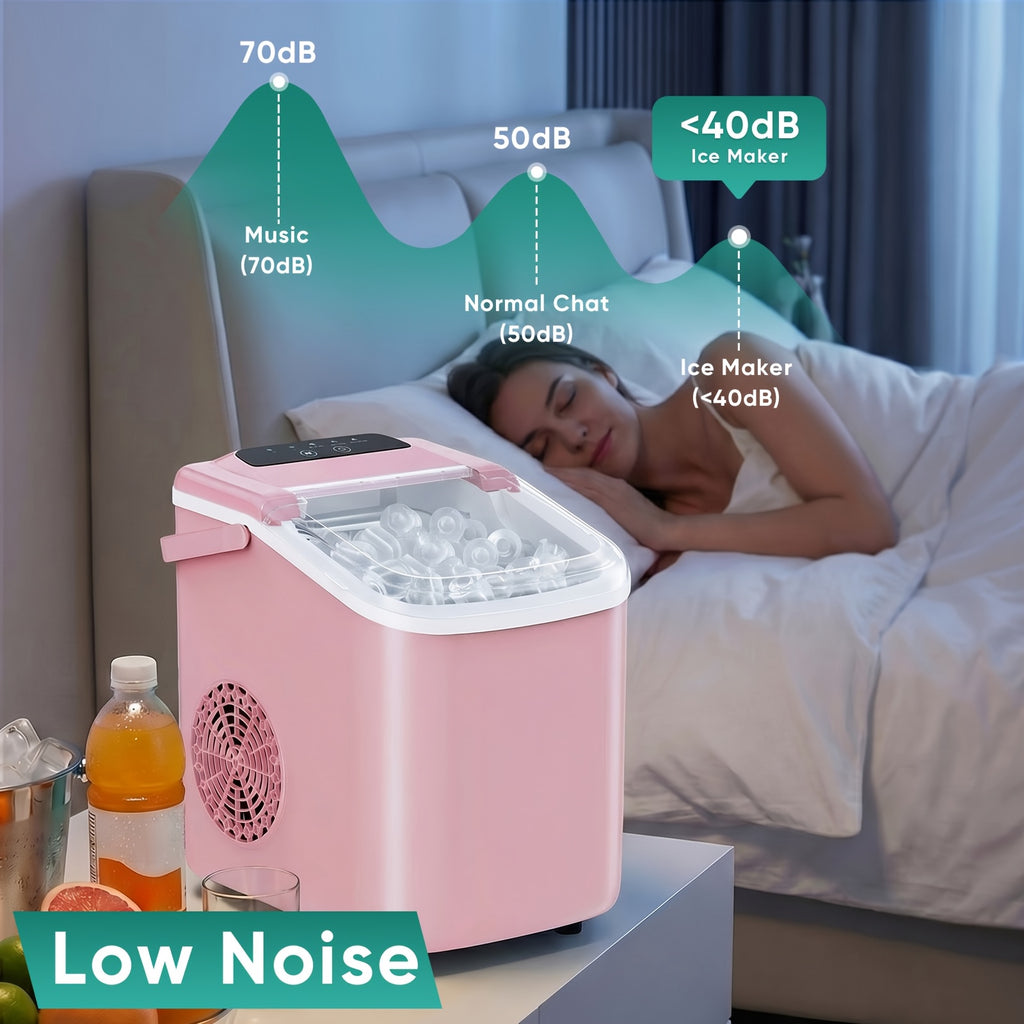 White Bullet Ice Maker with Carry Handle, Self-Cleaning Function, Ice Scoop and Basket, Listed Nine-Cube Six-Minute Cycle for Kitchen, Office and Party Drinks