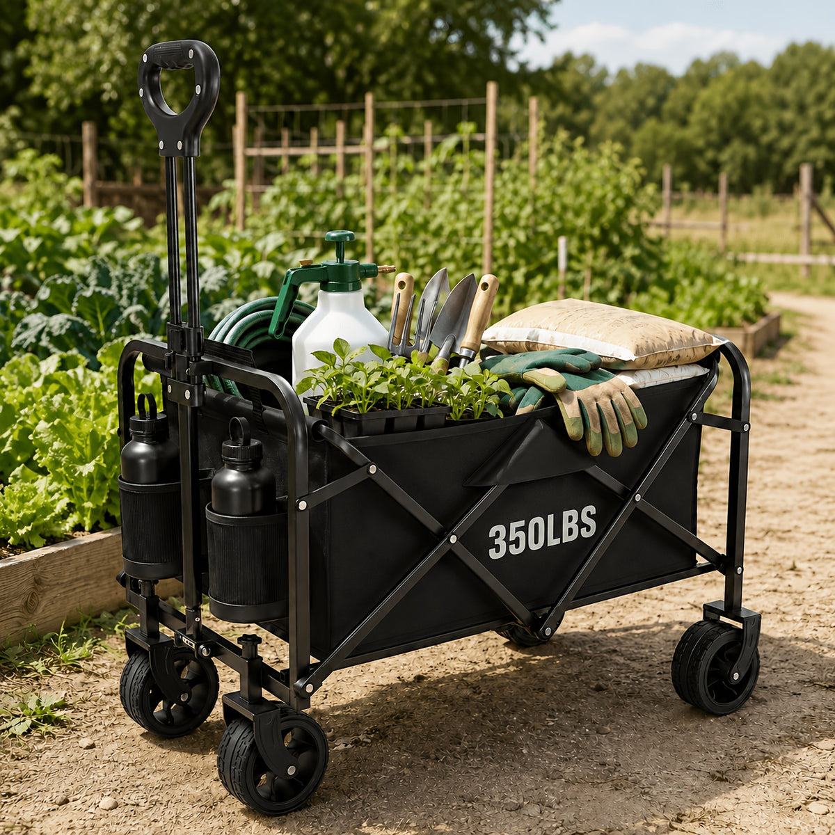 Small Folding Wagon in Black with 50LBS Model Label, Collapsible Utility Cart and Adjustable Pull Handle for Grocery, Garden Supply and Camping Gear Transport