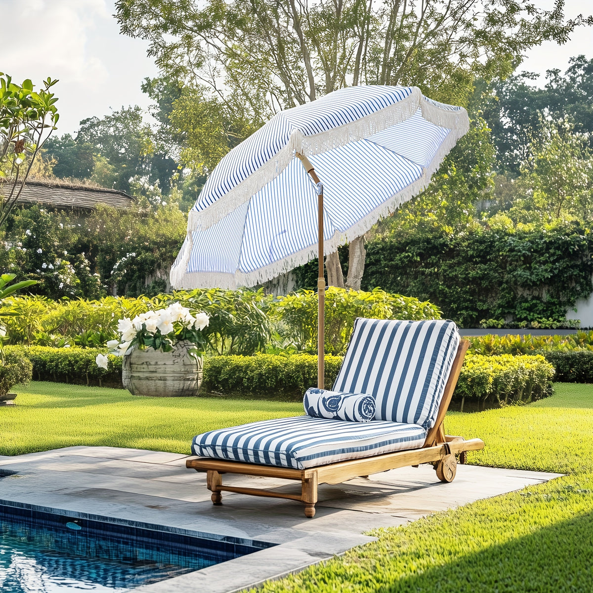 Eight-Rib Patio Umbrella with Push-Button Tilt Adjustment for Outdoor Garden and Courtyard Seating, Beige, Blue Pinstripe and White Style Selections