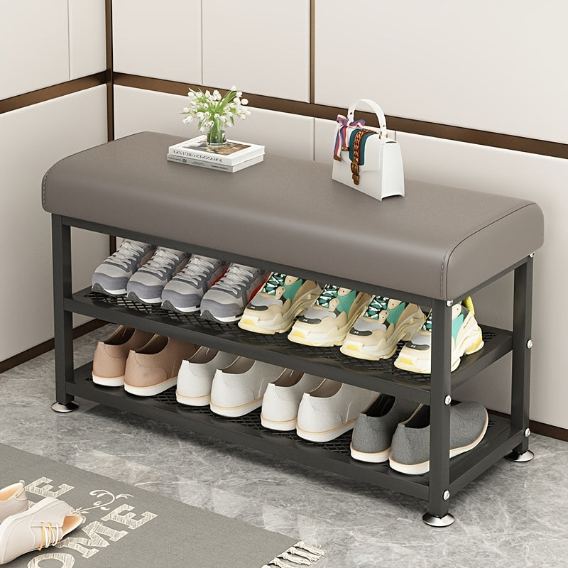 Cushioned Shoe Storage Stool with Metal Frame and Shoe Rack for Entryway, Hallway and Bedroom Organization, Orange or Gray in Large and Small Options