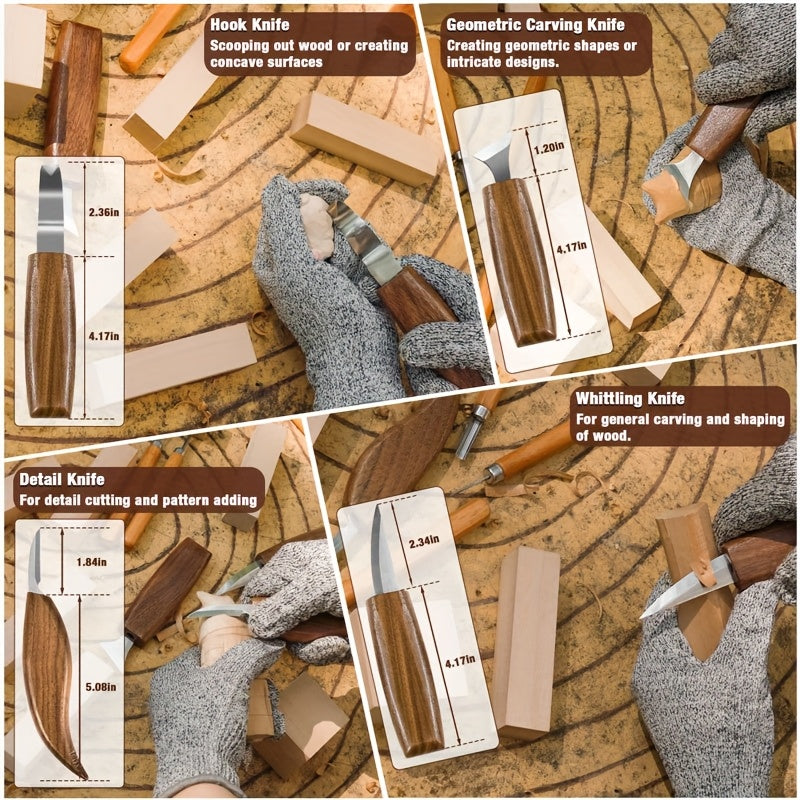 Wood Carving Knife Set with 15, 17, 20 or 23-Piece Options, Listed PU Case Packages and Detail, Hook and Geometric Tool Wording for Adult Woodworking Crafts