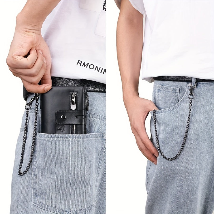 Mens Chain Wallet in Black with Short Wallet Format, Listed Card Clip and Double Zipper Change Storage for Everyday Card Organization and Gift Shopping