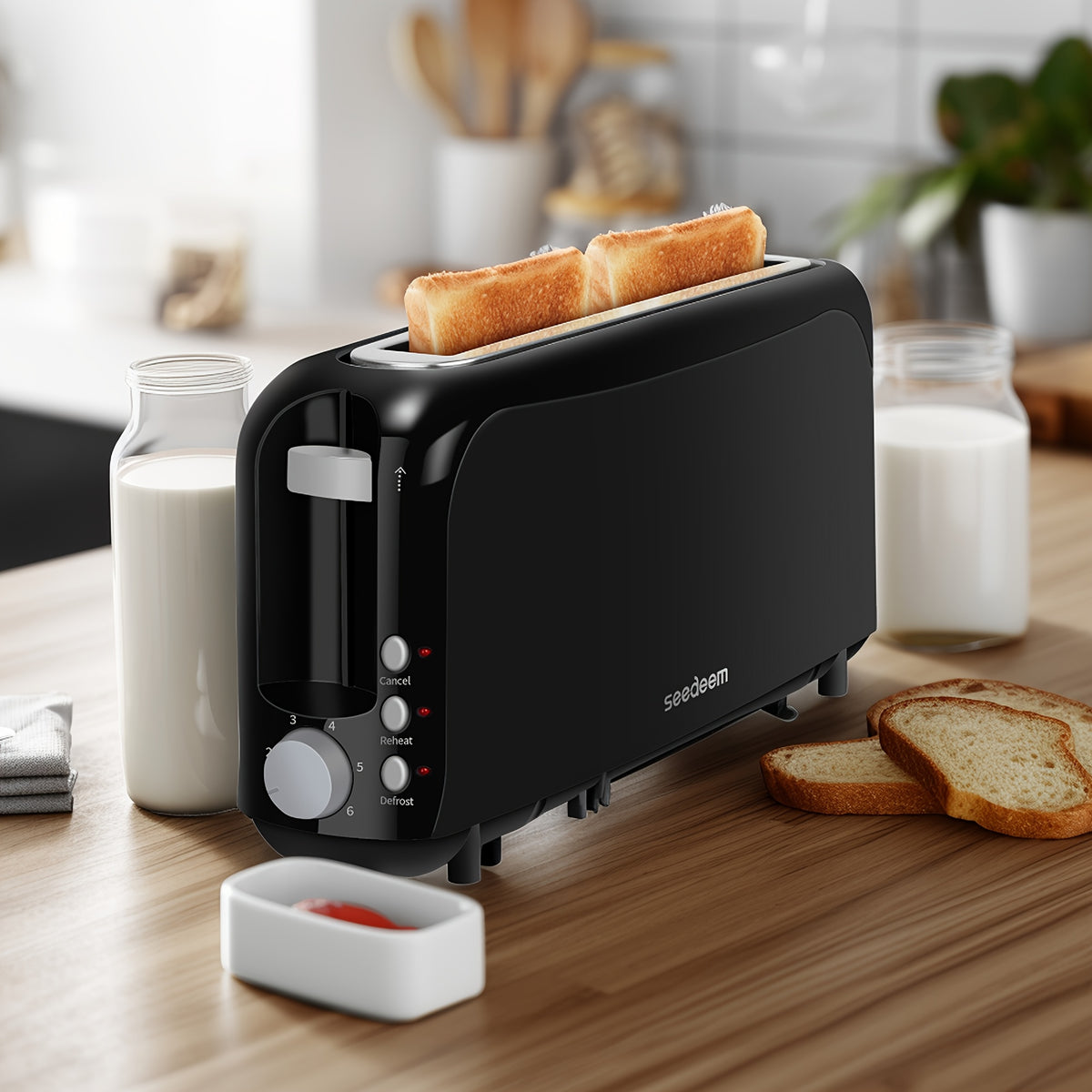 Slim Long Slot Toaster by SEEDEEM, 2-Slice 750W Breakfast Toaster with 1.45-Inch Wide Slot, 6 Shade Settings, Reheat, Defrost and Crumb Tray