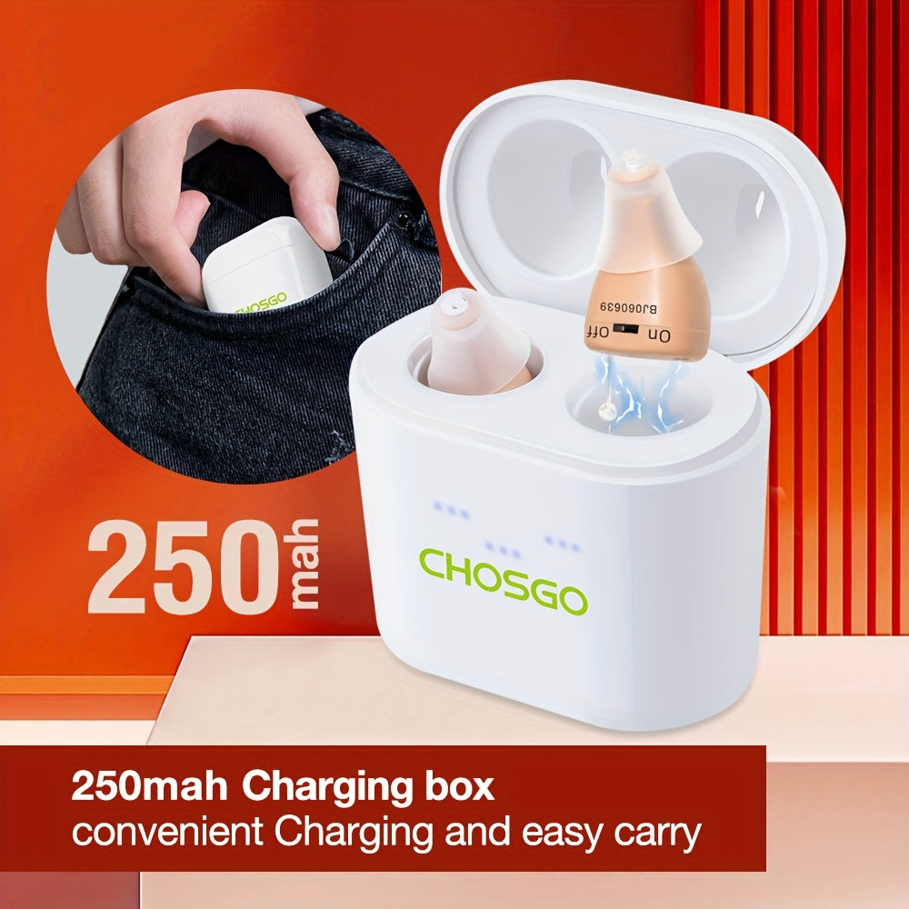 In-Ear Rechargeable Hearing Amplifier Pair with Listed Charging Case, K19RC and K19S Model Labels in Beige, RedBlue or Black for Adult Device Comparison